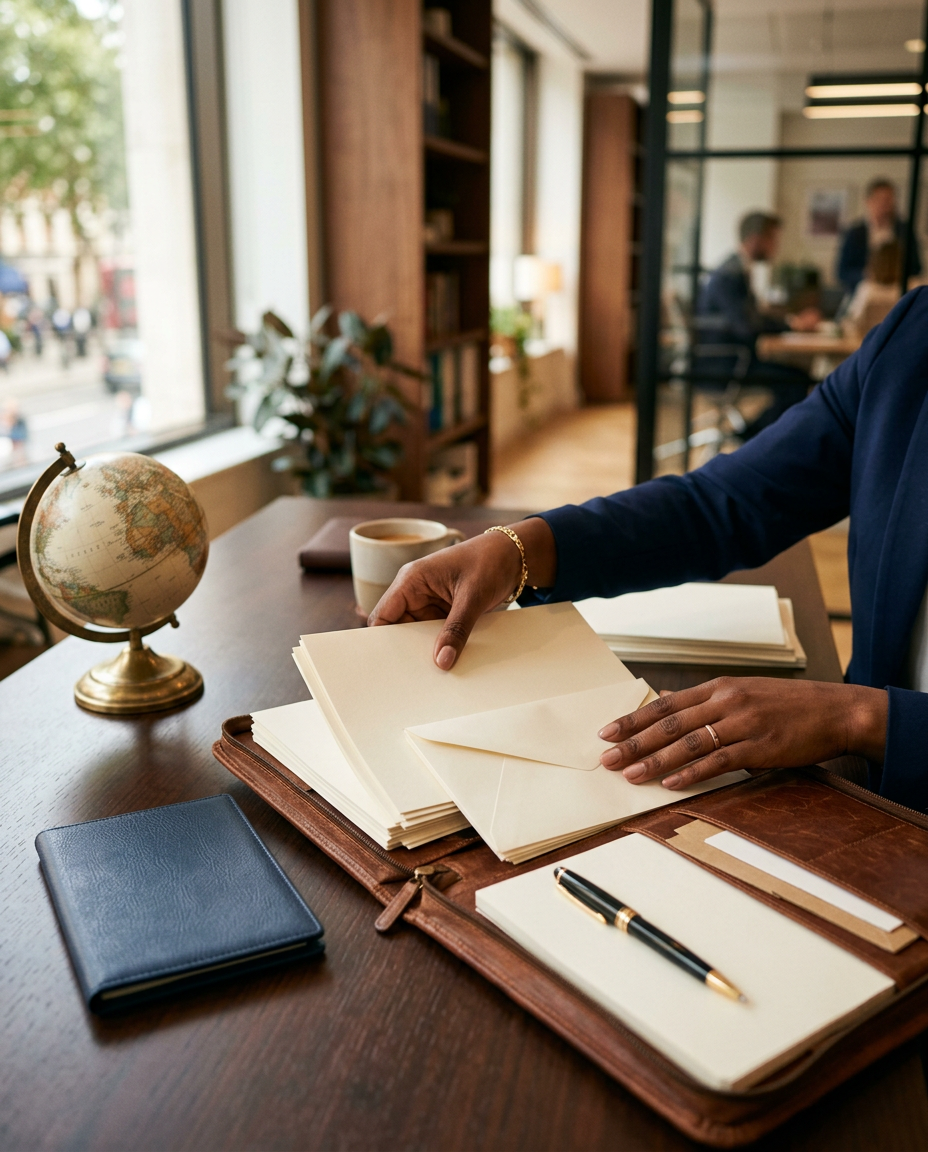 Blank documents in a leather portfolio beside a pen and a globe