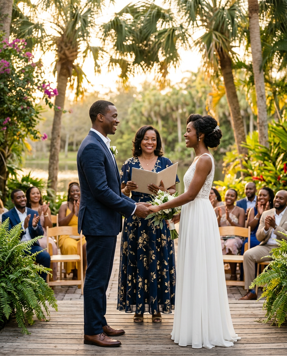 Officiant leading an outdoor Florida wedding ceremony