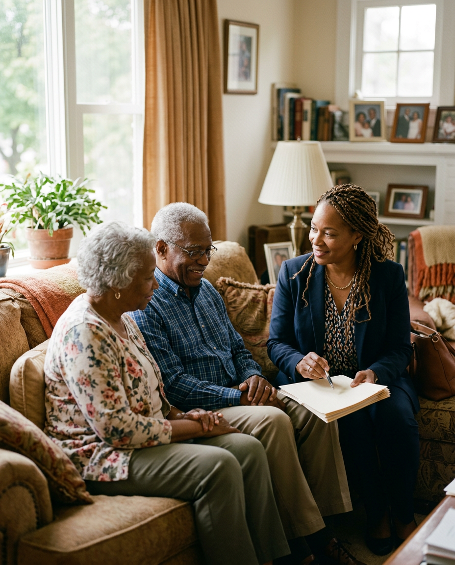 Notary sitting with an elderly couple in their living room