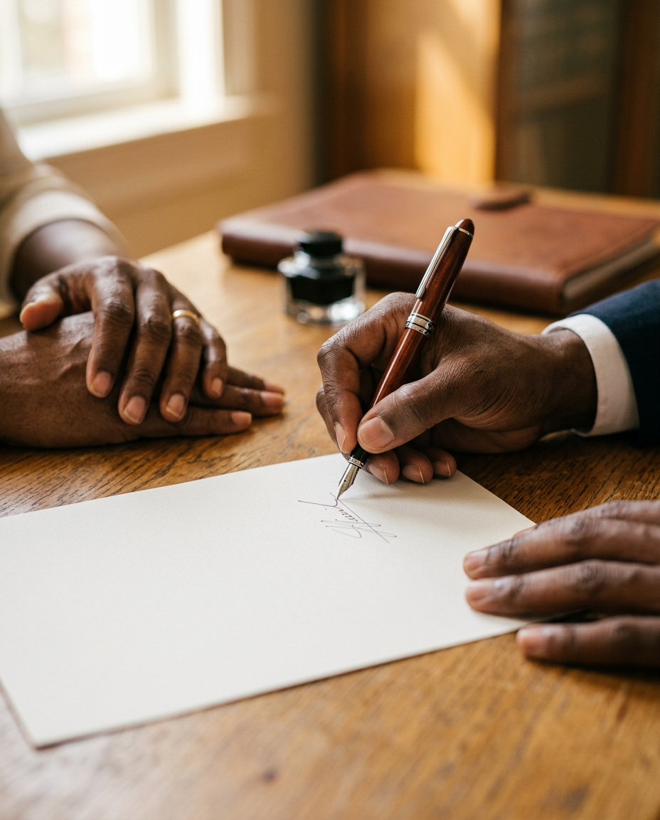 Close view of hands signing a document with a fountain pen
