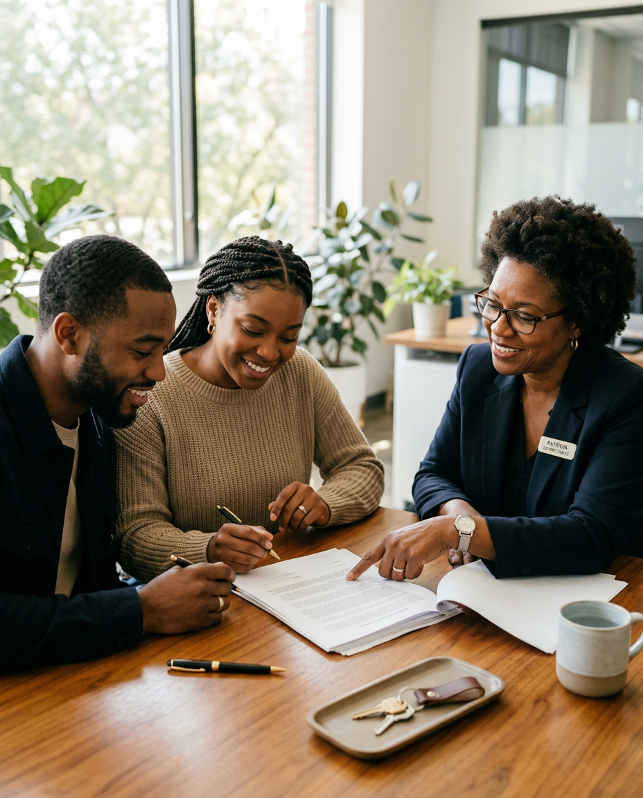Notary guiding a couple through a loan signing at an office table