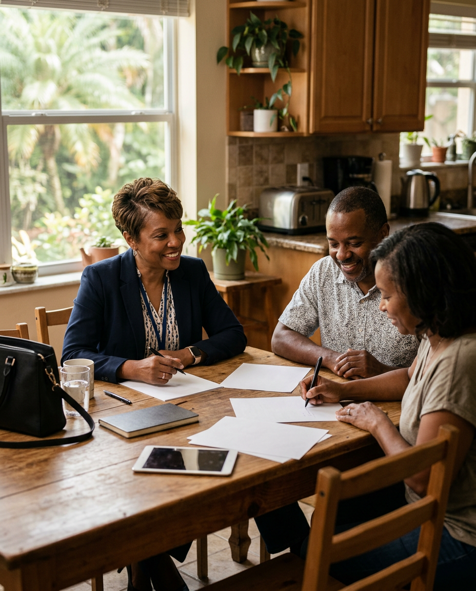 Notary reviewing paperwork with a client at a sunlit kitchen table